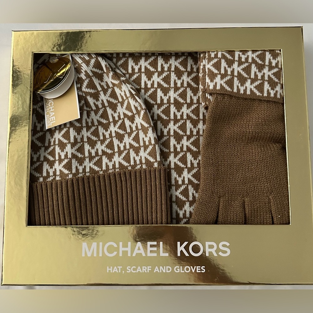 Michael Kors Brown Beanie, Scarf, and Gloves Set